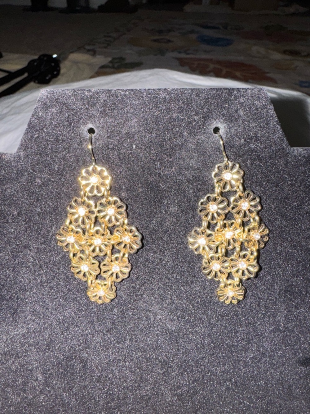 Gold Tone Floral Chandelier Earrings with Rhinestone Accents | Boho Dangle